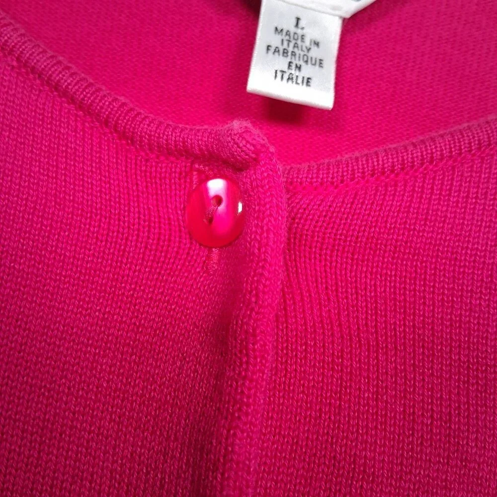 Vintage Talbots Cardigan Sweater Large Pink Magenta Cotton Button Up Italy - Picture 9 of 13